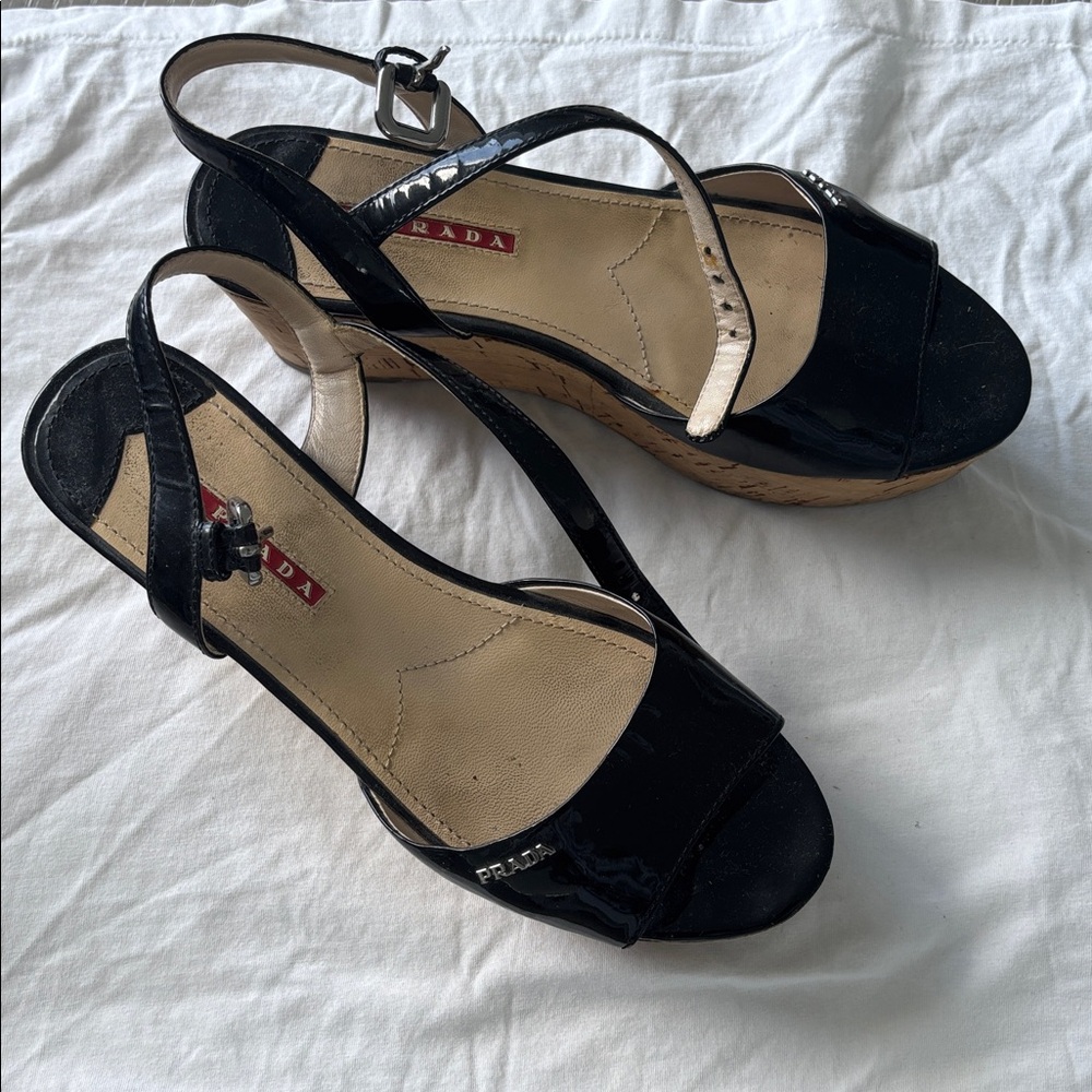 Prada Black Patent Leather Strappy Wedges